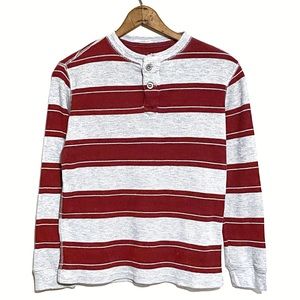 Red Camel Striped Thermal Long Sleeve Henley Shirt Gray/Burgundy Maroon Boys M